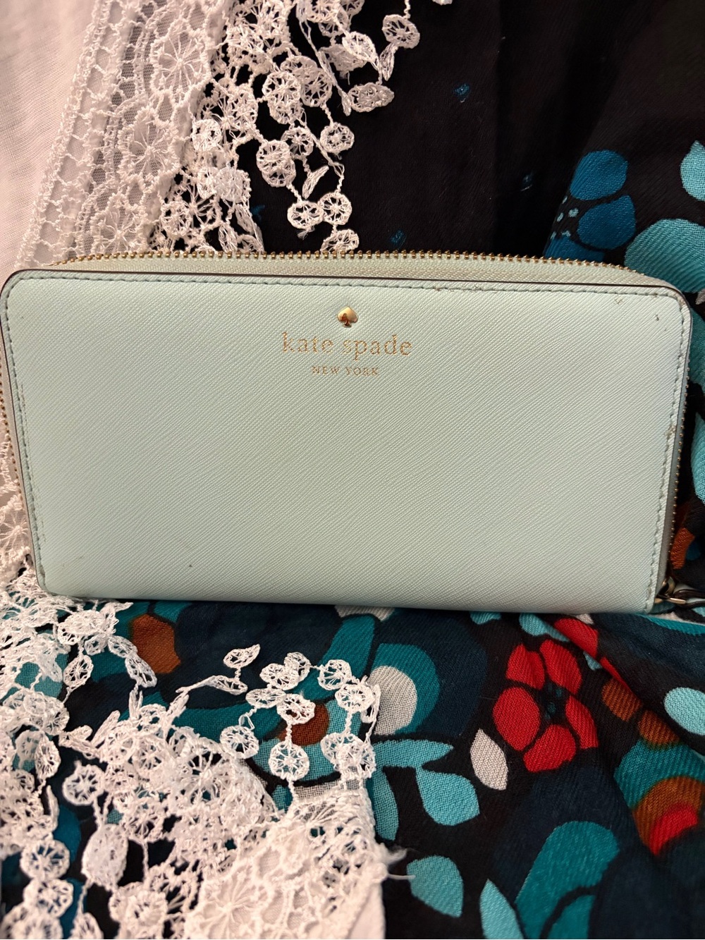 kate spade pale Mint  zip-around wallet with gold logo